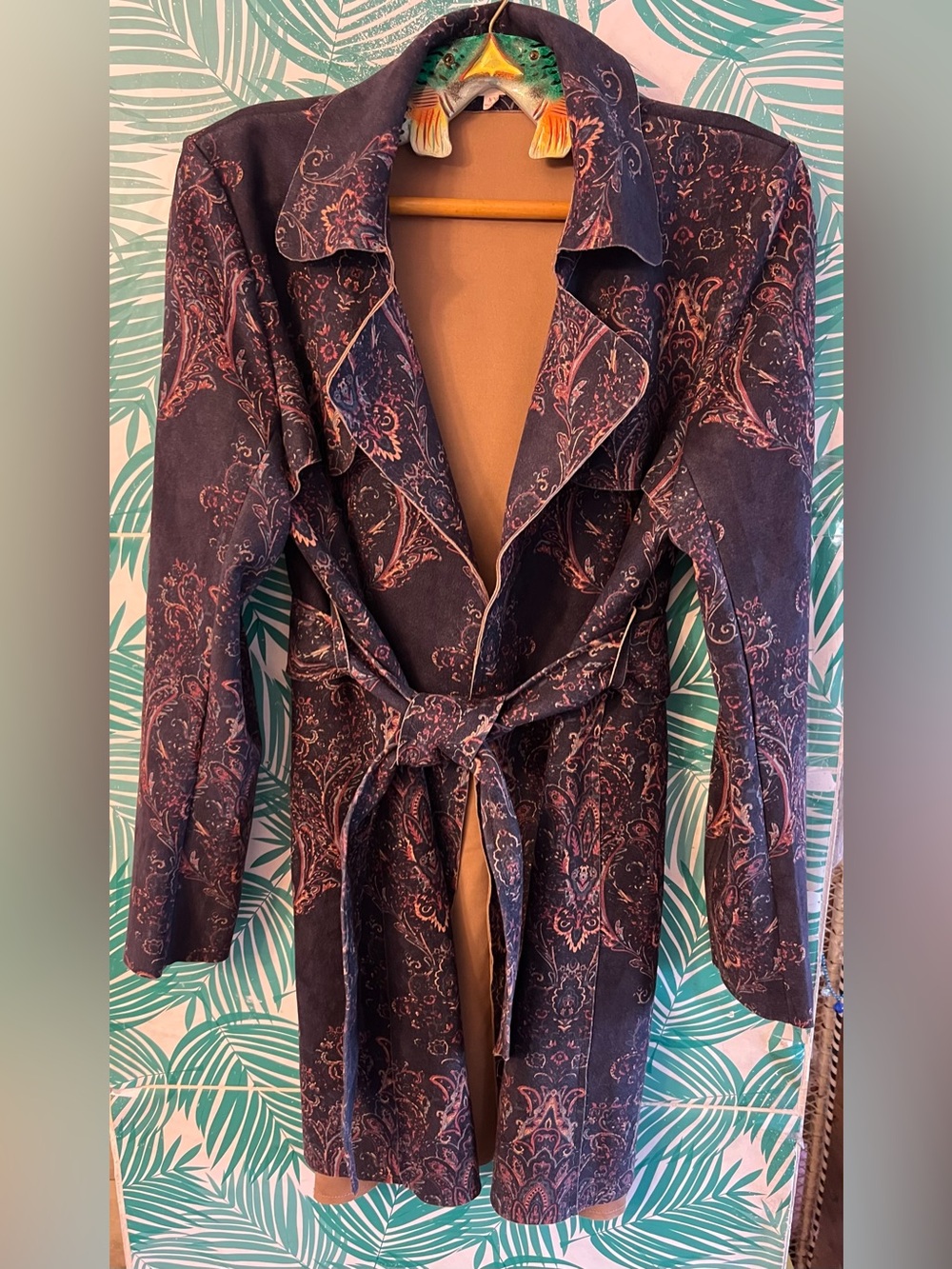 Solitaire Paisley belted Print Navy Trench Coat faux suede texture sz M bohemian